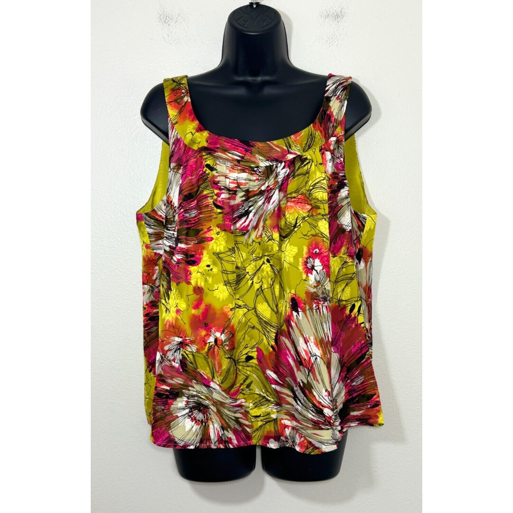 ST. JOHN Sleeveless Silk Blouse Colorful Burnout Top Wide Strap, XL
